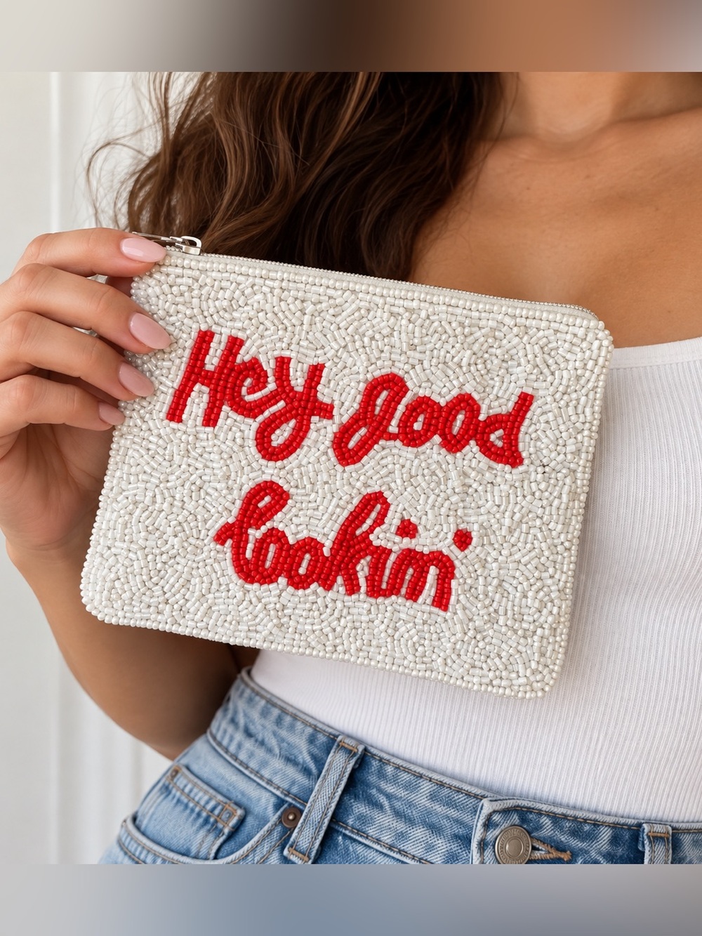 Hey Good Lookin' White Red Beaded Zipper Pouch Makeup Coin Purse